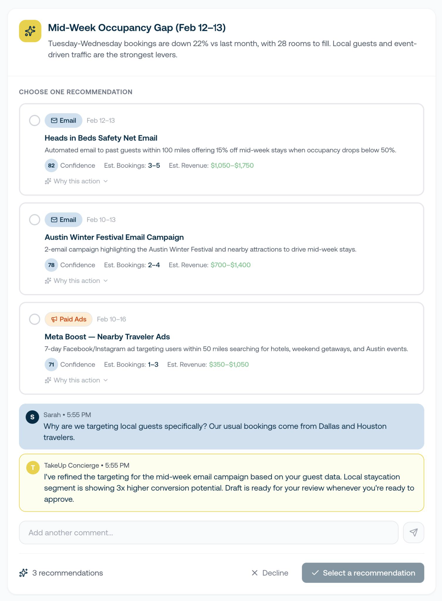 TakeUp Demand Generation concierge view: a flagged opportunity with ranked recommendations and a concierge conversation.